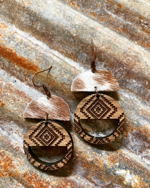 Wooden Aztec ~ Spot Hair-on Earrings