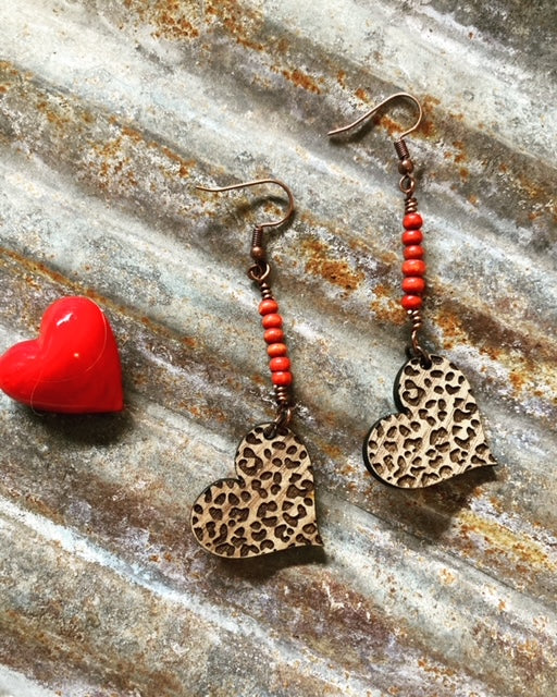 Wooden Animal Print Valentine Earrings (brown rondelle)