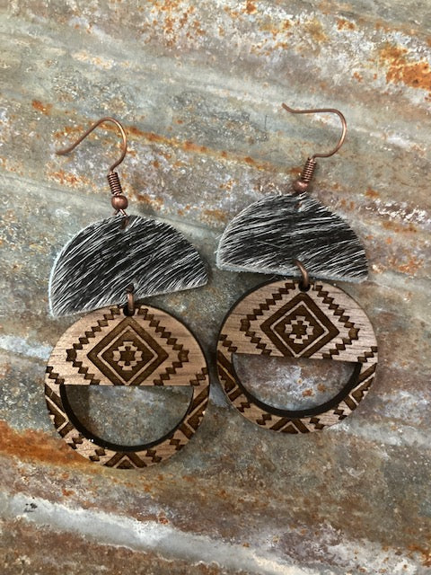 Wooden Aztec ~ Black Brindle Hair-on Earrings